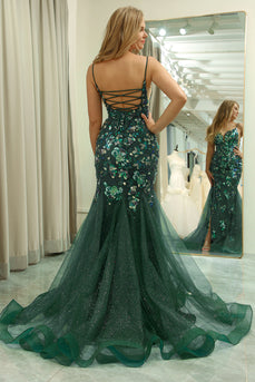 Dark Green Mermaid Spaghetti Straps Appliqued Long Prom Dress With Slit