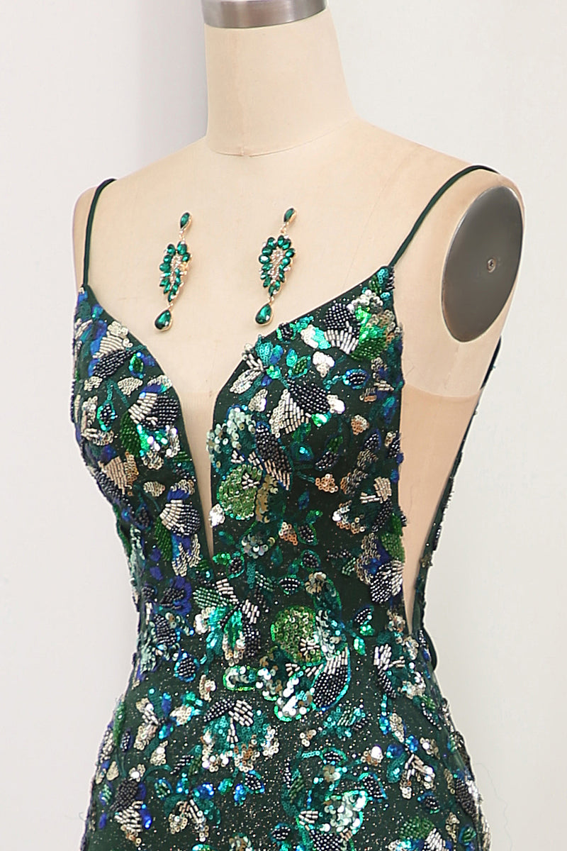 Load image into Gallery viewer, Glitter Dark Green Mermaid Appliqued Long Prom Dress With Slit