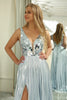 Load image into Gallery viewer, Sparkly Silver A Line Backless Long Mirror Prom Dress