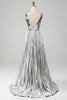 Load image into Gallery viewer, Sparkly A-Line V-Neck Silver Prom Dress with Slit