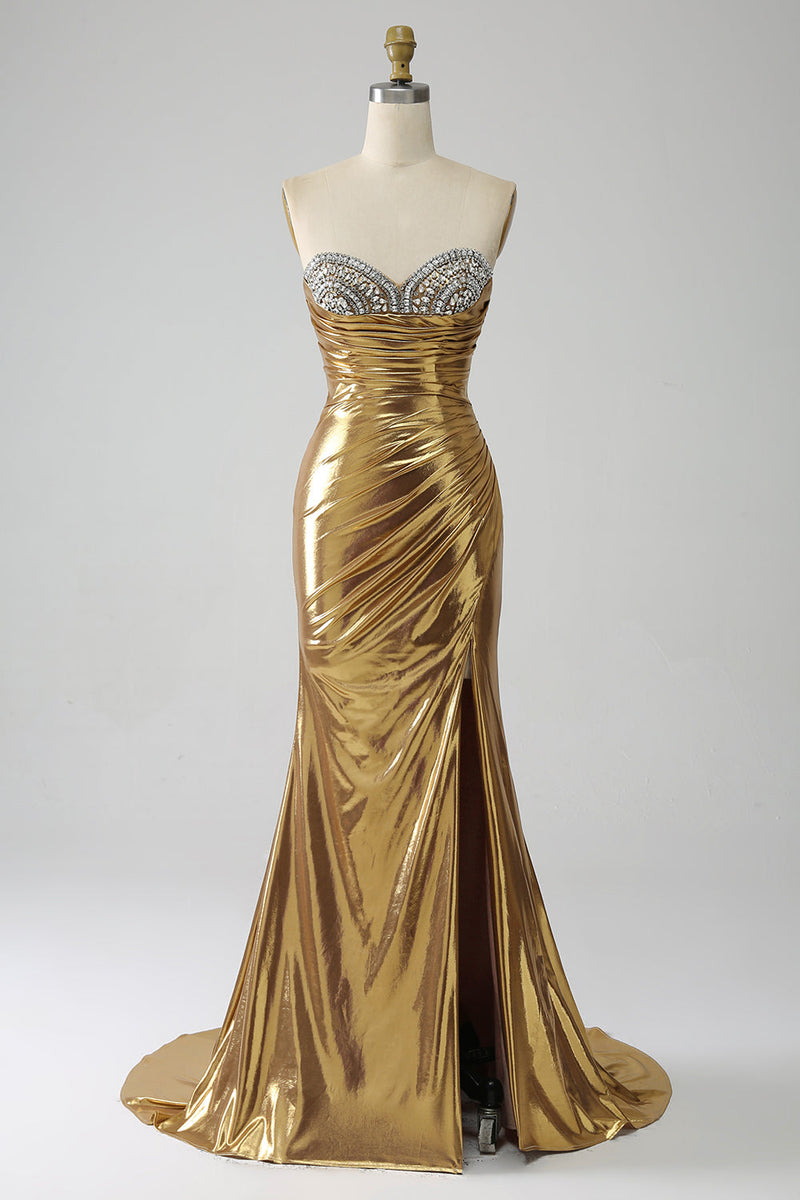 Load image into Gallery viewer, Golden Mermaid Strapless Long Prom Dress with Slit