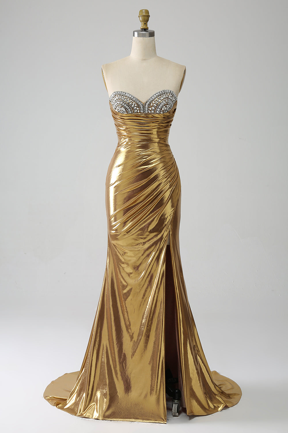 Golden Mermaid Strapless Long Prom Dress with Slit