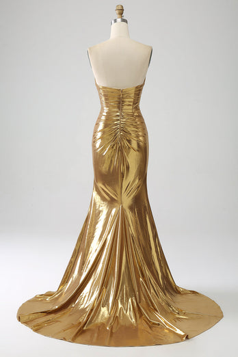 Golden Mermaid Strapless Long Prom Dress with Slit