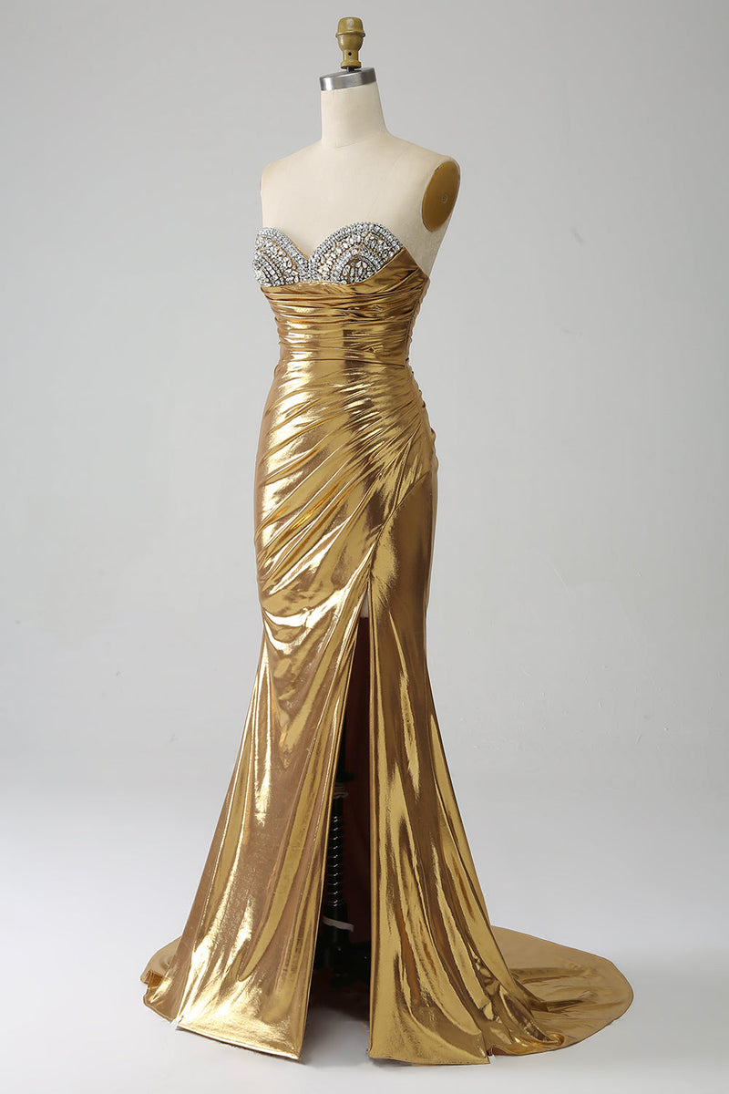 Load image into Gallery viewer, Golden Mermaid Strapless Long Prom Dress with Slit