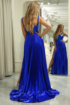 Glitter Royal Blue A Line Spaghetti Straps Long Mirror Prom Dress With Slit