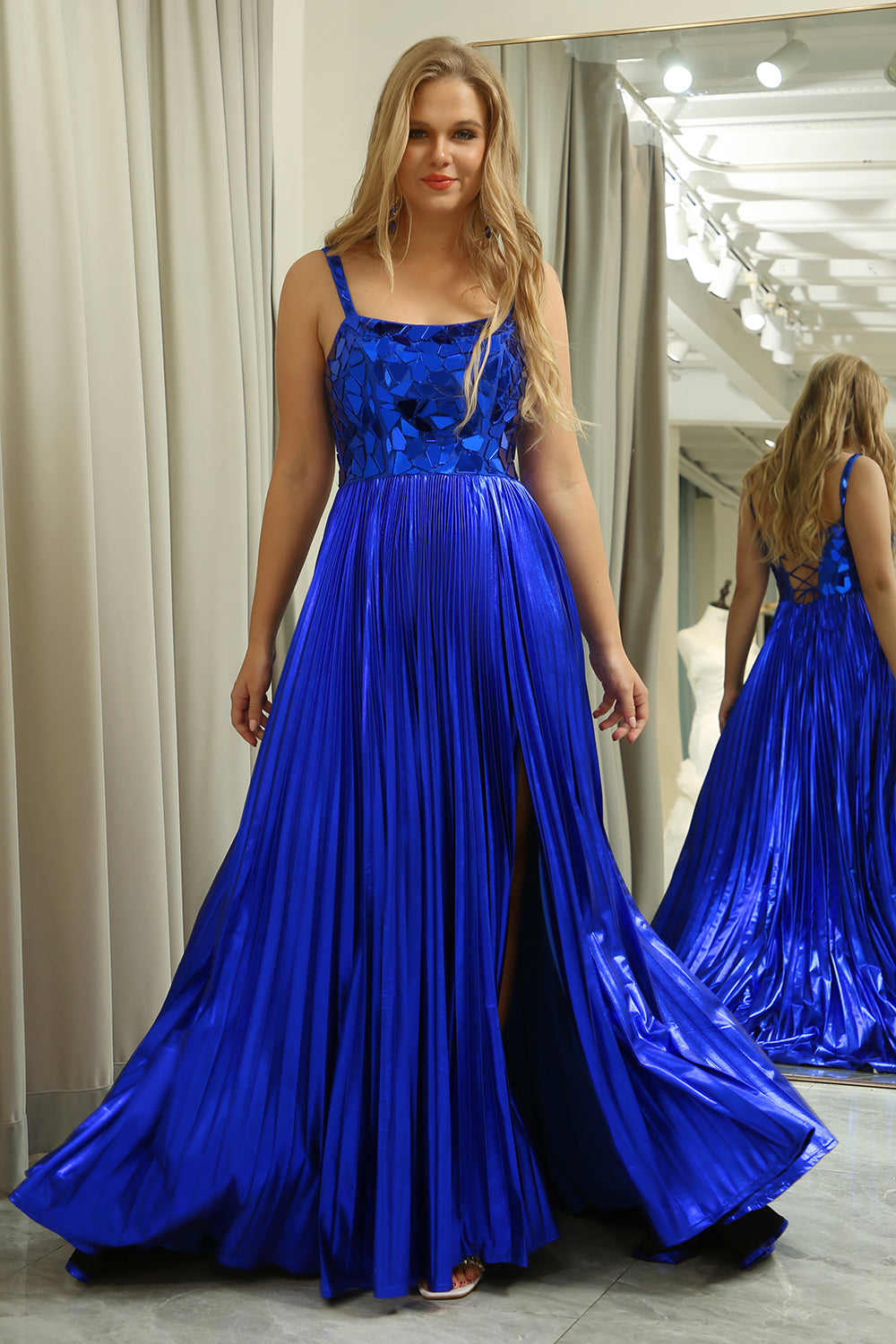 Glitter Royal Blue A Line Spaghetti Straps Long Mirror Prom Dress With Slit