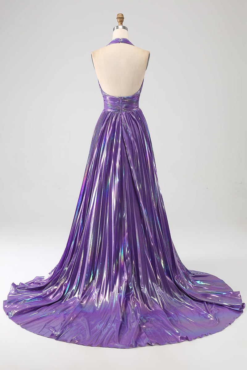 Load image into Gallery viewer, Glitter Purple Pleated Metallic Long Prom Dress with Slit