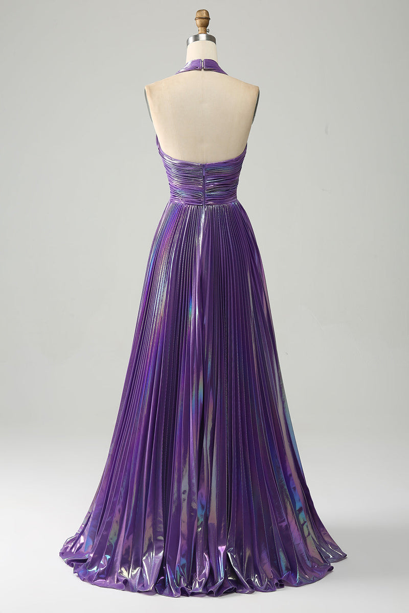 Load image into Gallery viewer, Sparkly Purple Halter A Line Prom Dress with Pleated