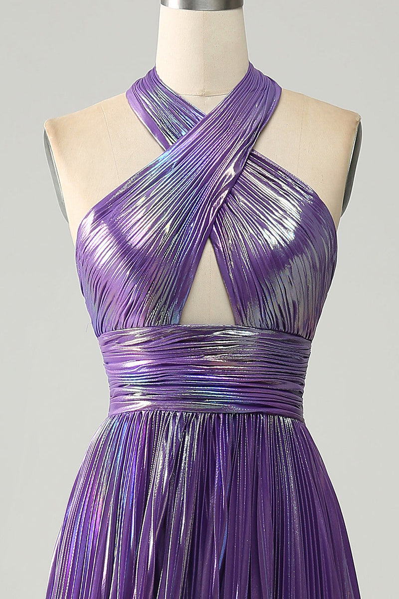 Load image into Gallery viewer, Sparkly Purple Halter A Line Prom Dress with Pleated