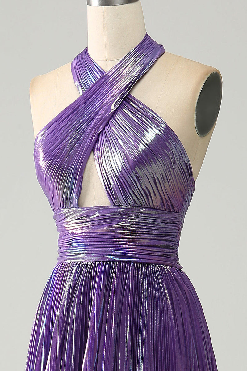 Load image into Gallery viewer, Sparkly Purple Halter A Line Prom Dress with Pleated