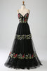 Load image into Gallery viewer, Black A-Line Spaghetti Straps Embroidered Long Corset Prom Dress