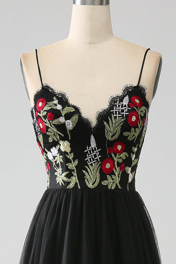 Black A-Line Spaghetti Straps Embroidered Long Corset Prom Dress