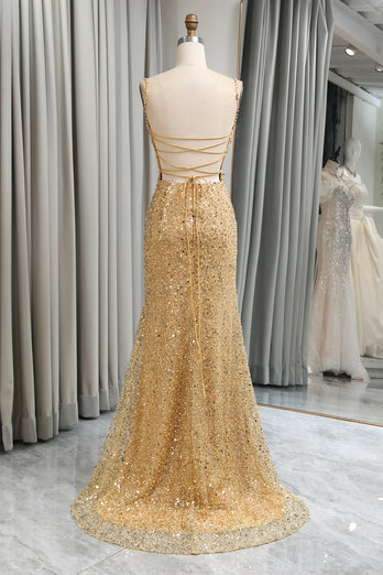 Sparkly Golden Sequins Mermaid Long Prom Dress With Slit