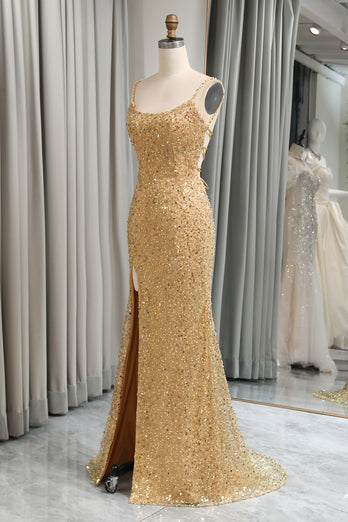 Sparkly Golden Sequins Mermaid Long Prom Dress With Slit