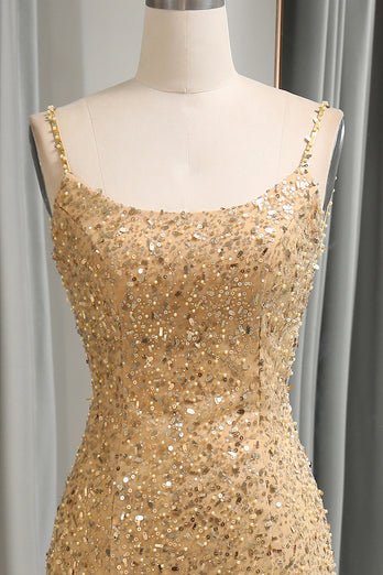 Sparkly Golden Sequins Mermaid Long Prom Dress With Slit