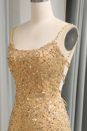 Sparkly Golden Sequins Mermaid Long Prom Dress With Slit