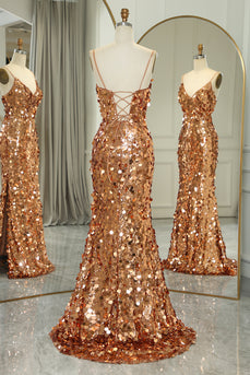 Glitter Rose Golden Beaded Sequins Mermaid Long Prom Dress With Slit