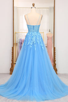 Bright Blue A Line Spaghetti Straps Tulle Long Prom Dress With Appliques