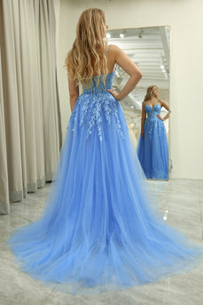 Blue Tulle A Line Spaghetti Straps Long Prom Dress With Appliques