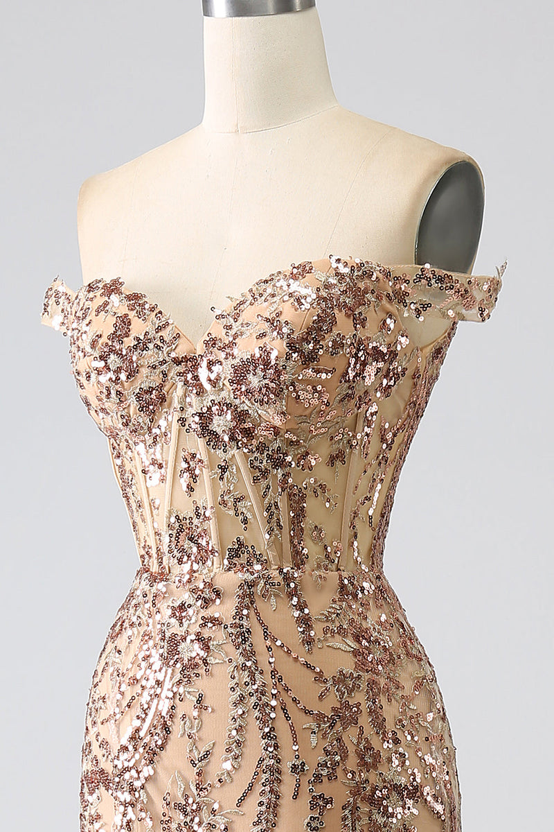 Load image into Gallery viewer, Sparkly Mermaid Off The Shoulder Champagne Corset Prom Dress with Slit