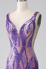 Load image into Gallery viewer, Dark Purple Mermaid V Neck Sequins Long Prom Dress