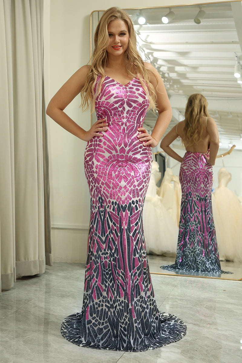 Load image into Gallery viewer, Glitter Purple Mermaid Backless Long Prom Dress With Sequined Embroidery