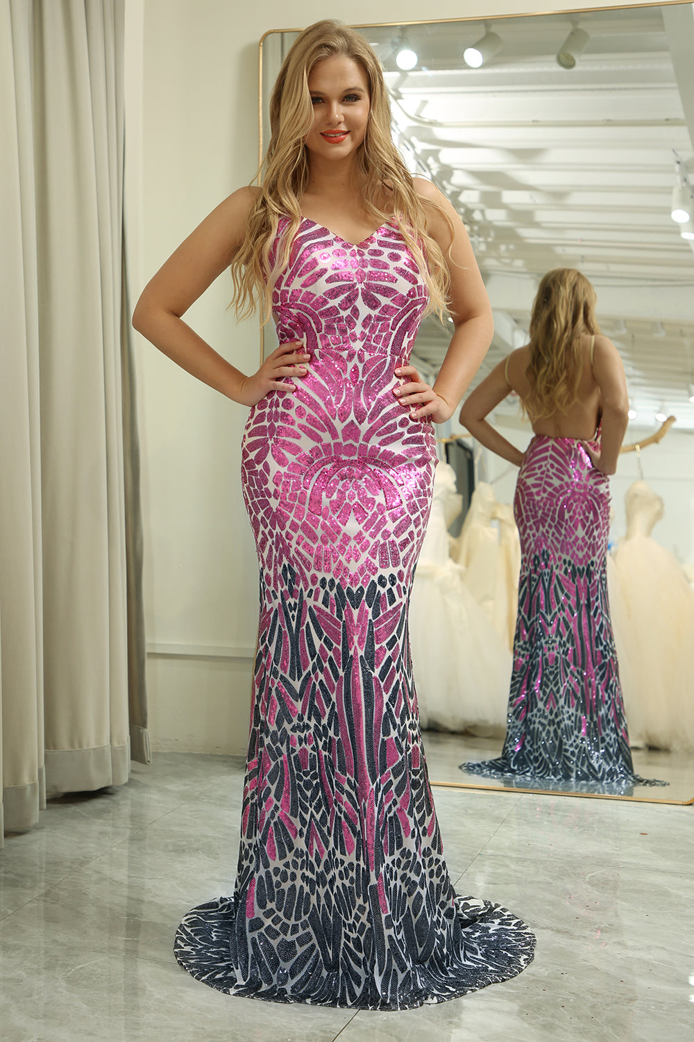 Glitter Purple Mermaid Backless Long Prom Dress With Sequined Embroidery