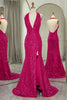 Load image into Gallery viewer, Sparkly Fuchsia Beaded Mermaid V Neck Backless Long Prom Dress With Slit