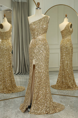 Glitter Golden Cut Out One Shoulder Long Prom Dress With Slit