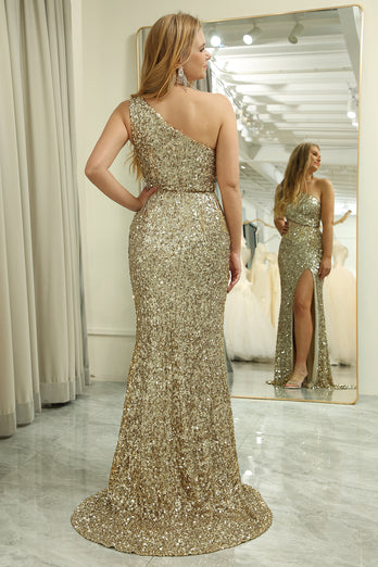 Sparkly Golden Mermaid One Shoulder Cut Out Long Prom Dress With Slit