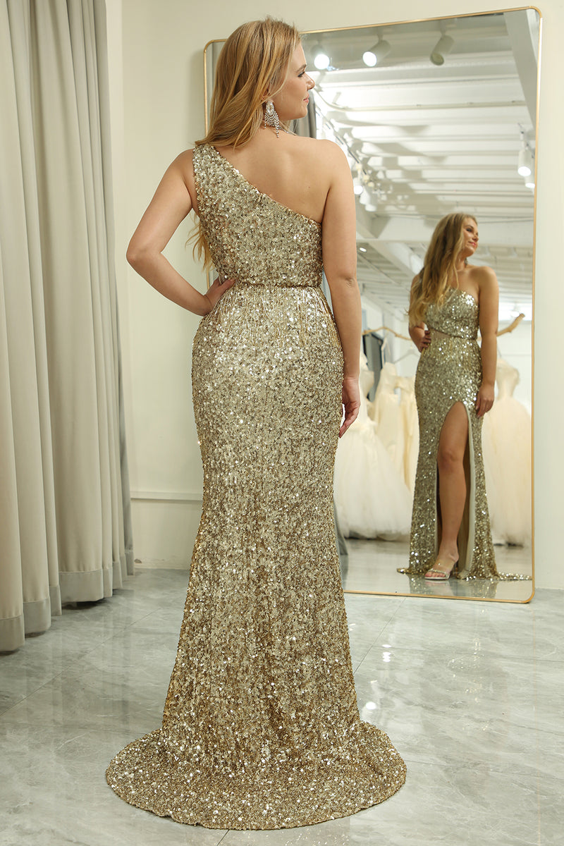 Load image into Gallery viewer, Sparkly Golden Mermaid One Shoulder Cut Out Long Prom Dress With Slit