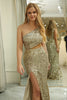 Load image into Gallery viewer, Sparkly Golden Mermaid One Shoulder Cut Out Long Prom Dress With Slit