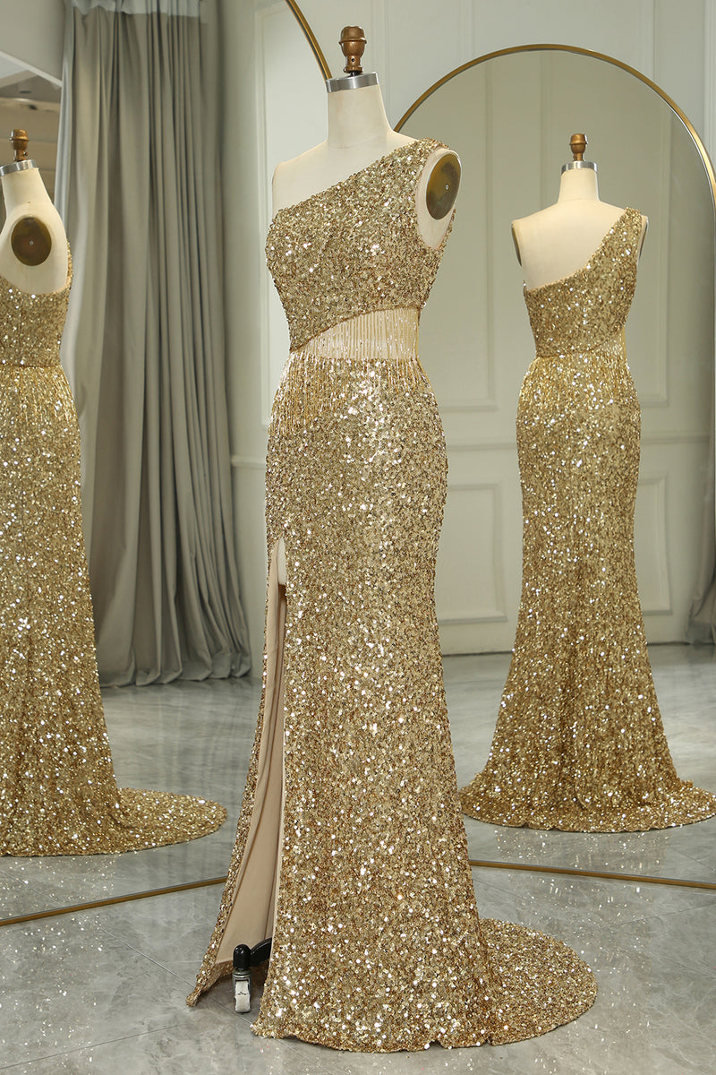 Load image into Gallery viewer, Glitter Golden Cut Out One Shoulder Long Prom Dress With Slit