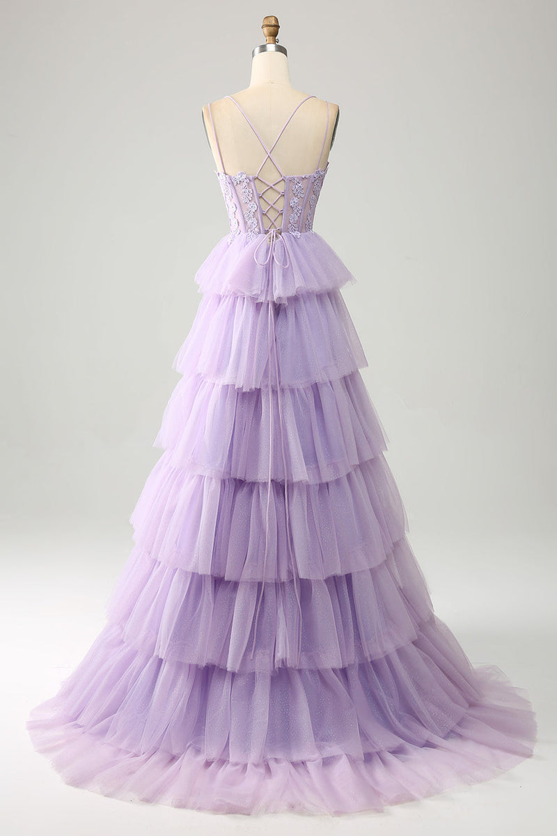 Load image into Gallery viewer, Lilac Tulle Tiered Princess Corset Prom Dress with Appliques