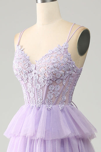 Lilac Tulle Tiered Princess Corset Prom Dress with Appliques