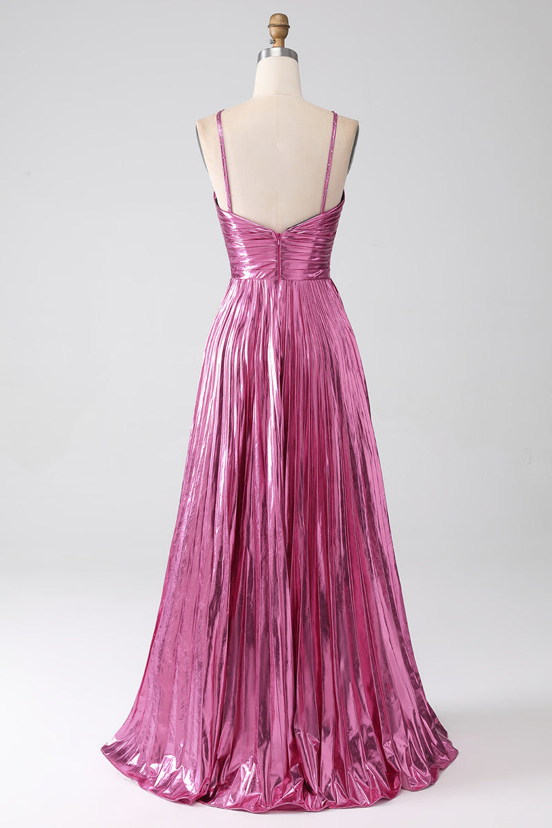 Load image into Gallery viewer, Fuchsia A-Line Spaghetti Straps Pleated Prom Dress with Slit