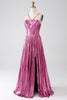 Load image into Gallery viewer, Fuchsia A-Line Spaghetti Straps Pleated Prom Dress with Slit