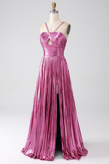 Fuchsia A-Line Spaghetti Straps Pleated Prom Dress with Slit