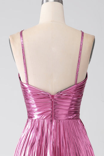 Fuchsia A-Line Spaghetti Straps Pleated Prom Dress with Slit