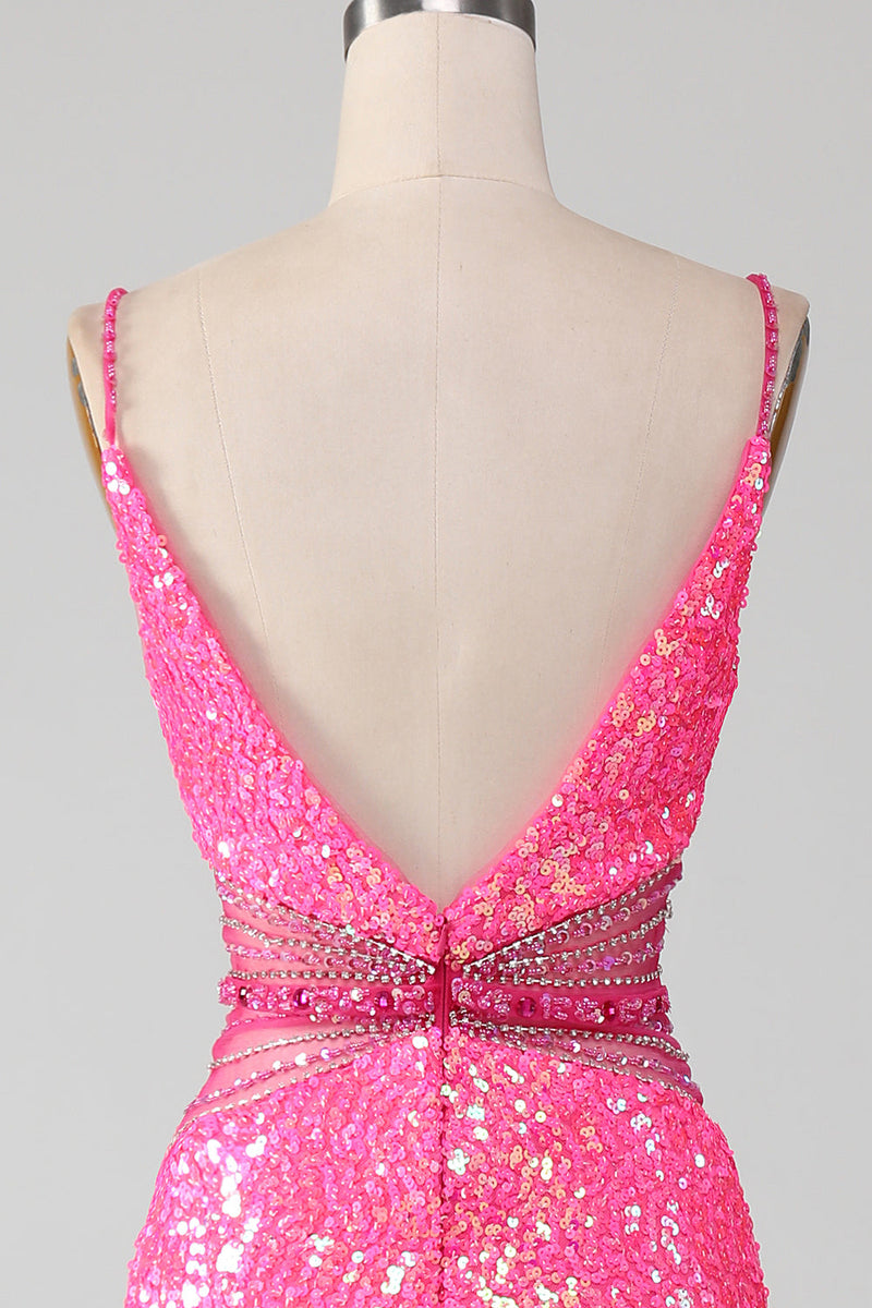 Load image into Gallery viewer, Hot Pink Spaghetti Straps Glitter Mermaid Prom Dress with Beading Waist