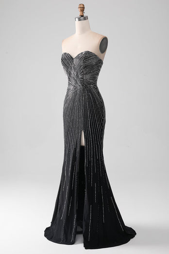 Black Glitter Strapless Mermaid Prom Dress with Slit