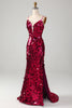 Load image into Gallery viewer, Sparkly Mermaid Spaghetti Straps Fuchsia Sequins Long Prom Dress with Slit