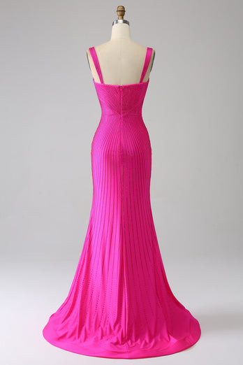 Sparkly Mermaid Hot Pink Prom Dress with Hollow-out