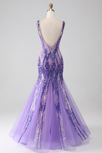 Sparkly Purple Mermaid V Neck Sequins Long Prom Dress