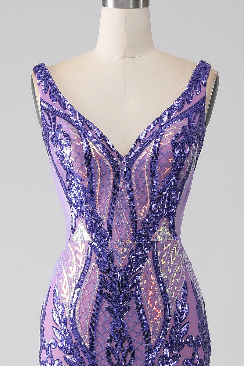 Load image into Gallery viewer, Sparkly Purple Mermaid V Neck Sequins Long Prom Dress