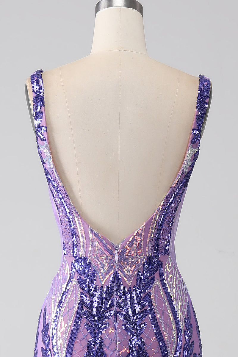 Load image into Gallery viewer, Sparkly Purple Mermaid V Neck Sequins Long Prom Dress