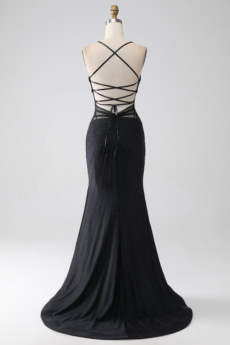 Load image into Gallery viewer, Mermaid Black Spaghetti Straps Long Prom Dress with Slit