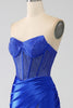 Load image into Gallery viewer, Mermaid Strapless Royal Blue Corset Prom Dress with Beading