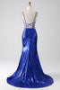 Load image into Gallery viewer, Royal Blue Mermaid Sparkly Sequin Pleated Corset Prom Dress With Slit