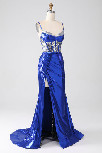 Royal Blue Mermaid Sparkly Sequin Pleated Corset Prom Dress With Slit